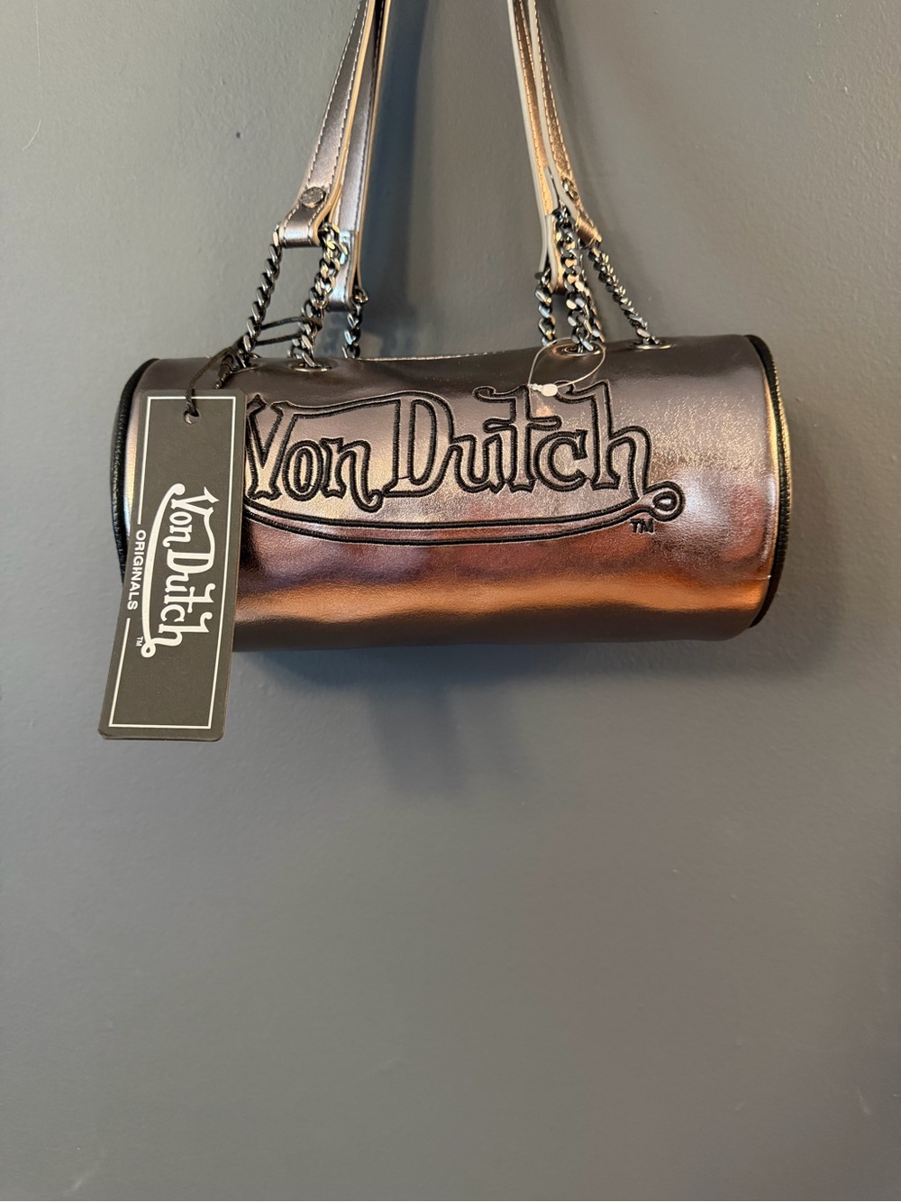 Von Dutch Metallic Brown Barrel Shoulder Bag